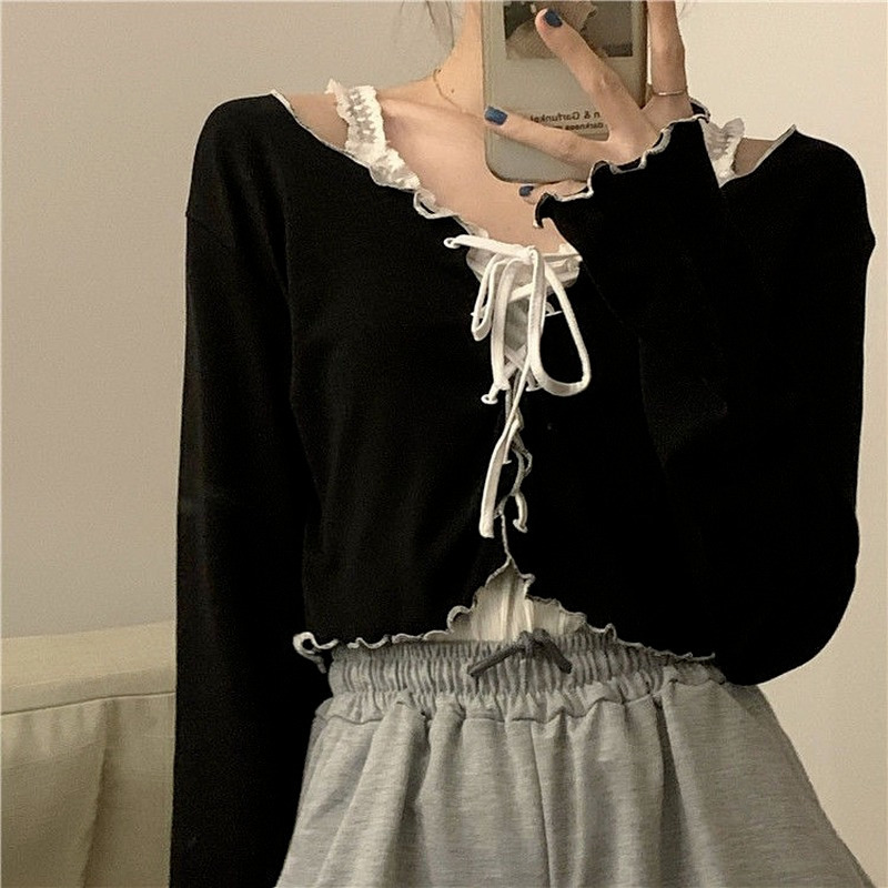 Women Long Sleeve T-shirts Lace-up Cardigan Patchwork Ruffles Trendy Sweet Lovely Crop Tops Sexy Females Coat Leisure Outwear 220328
