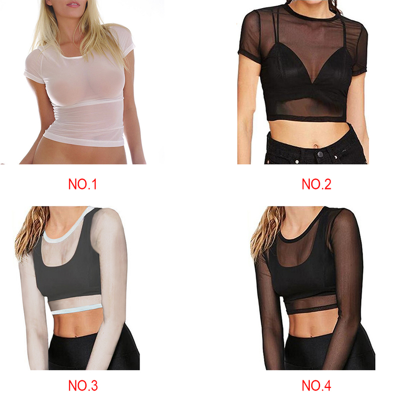 Sexy Black Women Short Sleeve Sheer Mesh Top T Shirts Streetwear Tees Slim See-through Transparent Crop Tops Club wear Fashion 220516