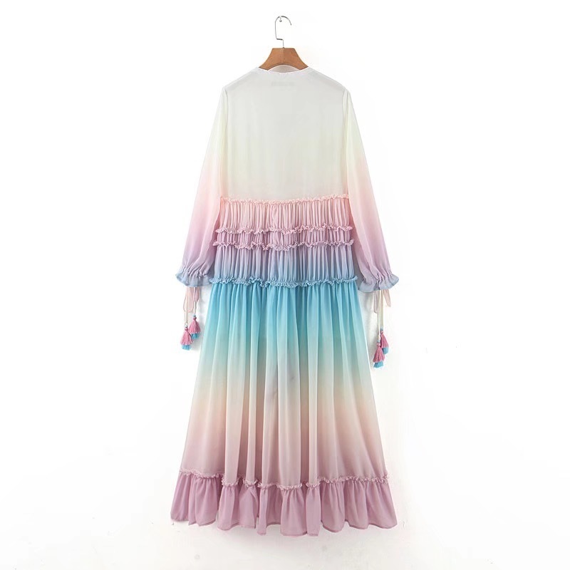 BOHO Gradient Rainbow Color Single-breasted Button Long Dress Sexy Women Holiday Wood ear Tassel Long Sleeve Ruffles Dresses 220511