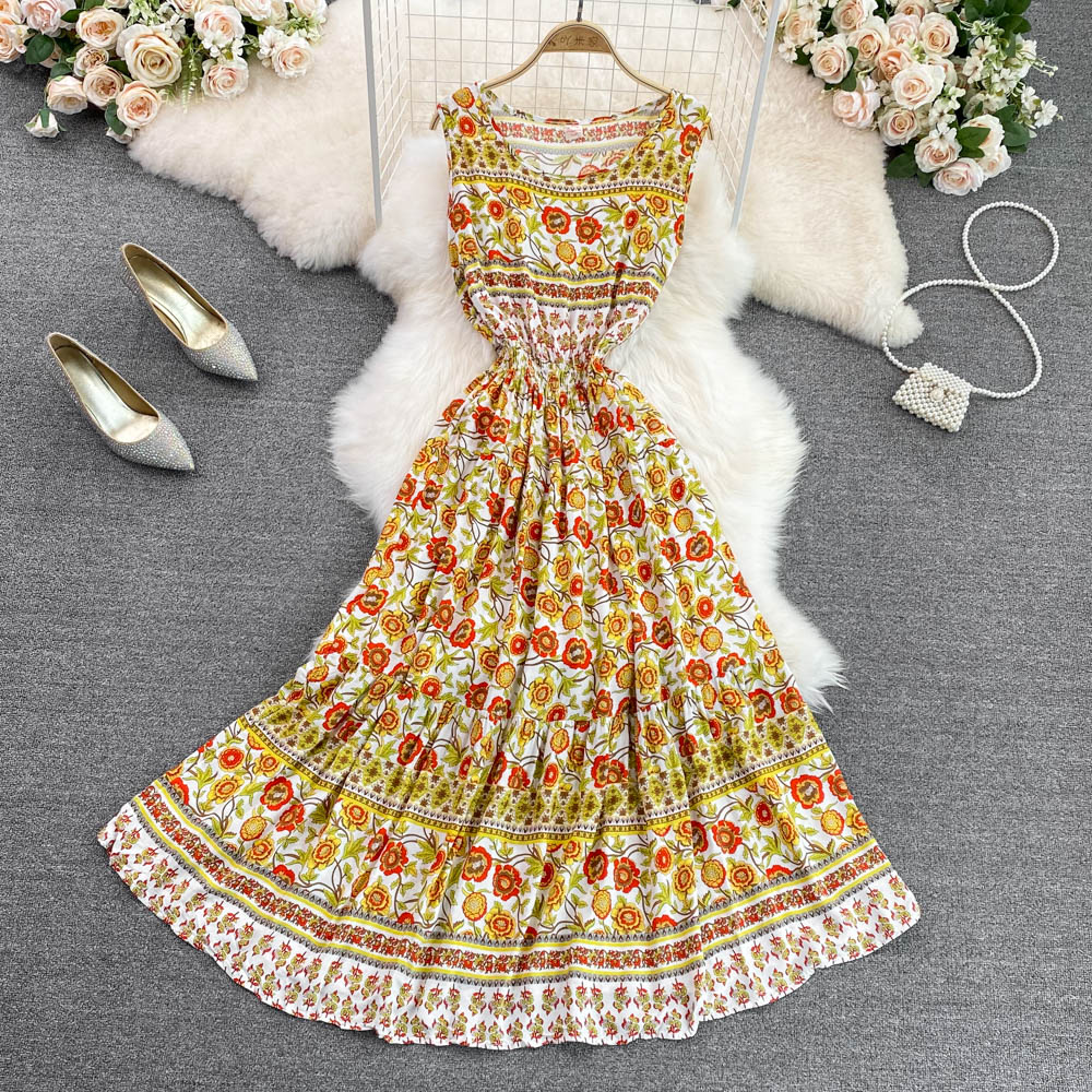 Summer new design womens beach holiday ethnic geometric floral print o-neck sleeveless cotton fabric elastic waist maxi long big expansion dress