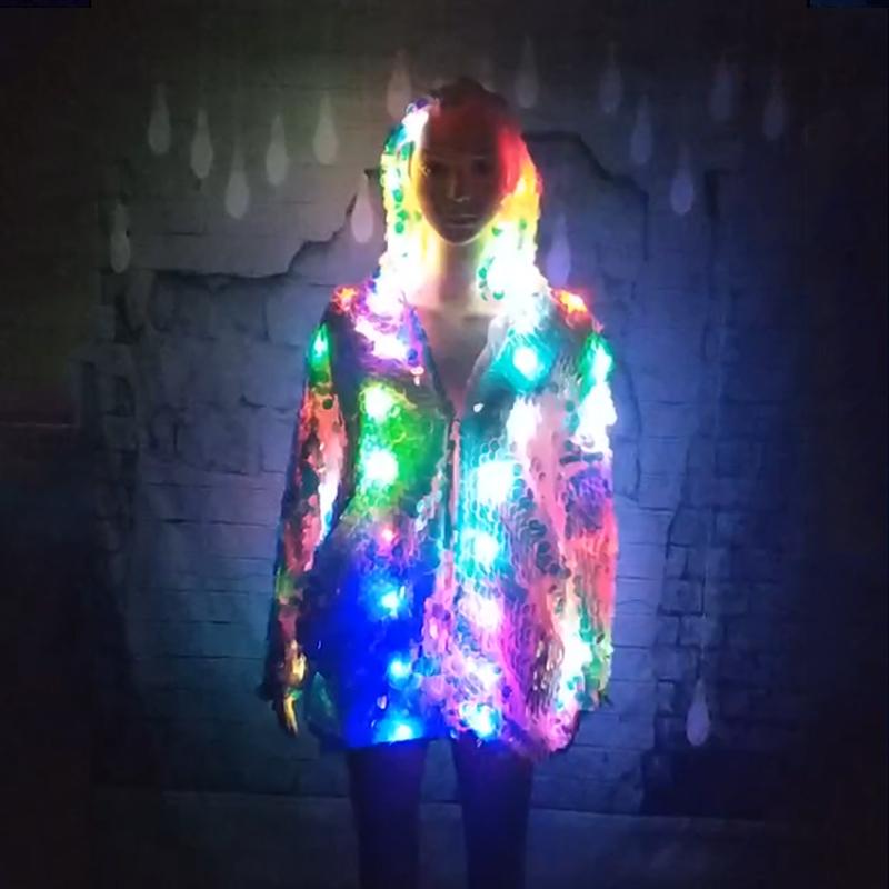 Women's Jackets Rave Outfits LED Light Up Sequined Jacket For Women Sequin Rainbow Colorful Hooded Party Clothes Plus Sizewomen's Women'