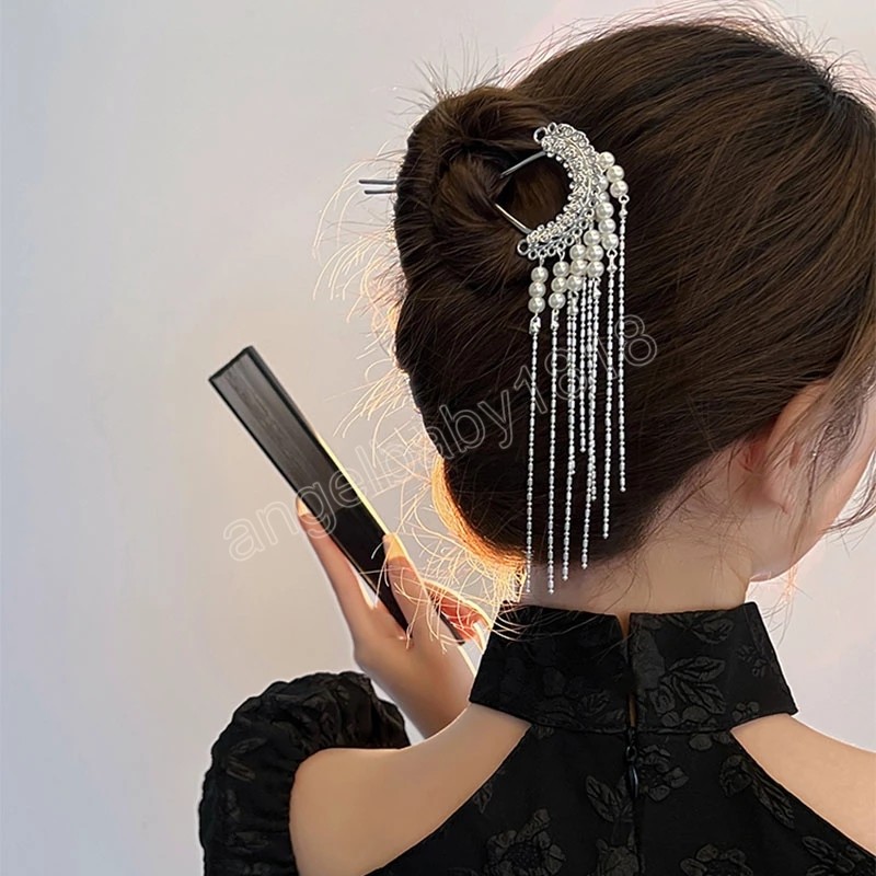 Fashion Metal Chinese Style Hair Stick Flower grace Hairpins Chopsticks Hairpin Long Tassel Pearl Hair Clip Women Hair Accessories