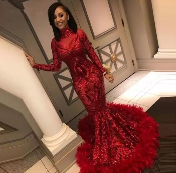 2022 Gorgeous Sparkly Red Mermaid Evening Dresses Sequined with Feathers Long Sleeve African Black Girl Prom Dresses Formal Party Gown BES121