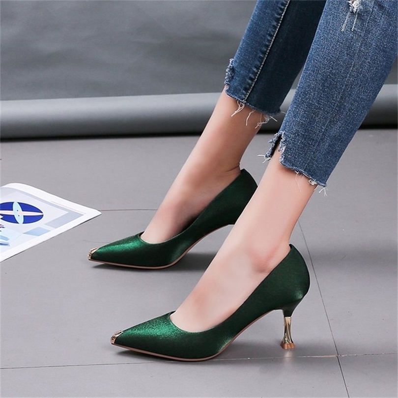 Arrival Green Heels Pointed Toed Office Lady Mid-Heel Pumps Woman High Evening Shoes Summer Stiletto Shoe B350 220328