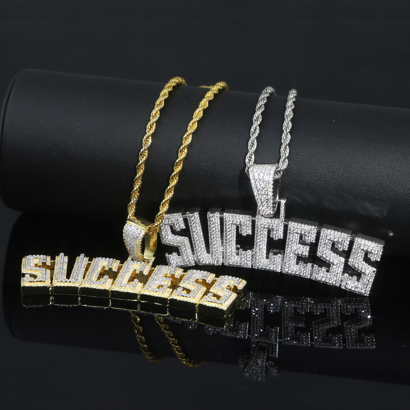 Iced Out Success Necklace Pendant with Rope Chain Bling 5A Cubic Zircon Necklace Letters Jewelry Fashion Men Women Gift