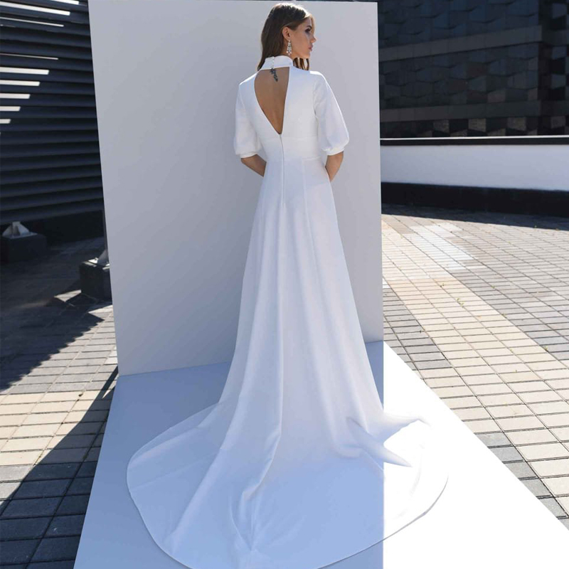 Sexy White Wedding Dresses Short Sleeve Bridal Dress High Split Satin Sweep Train Simple Robe Mariage Vestidos De Noiva