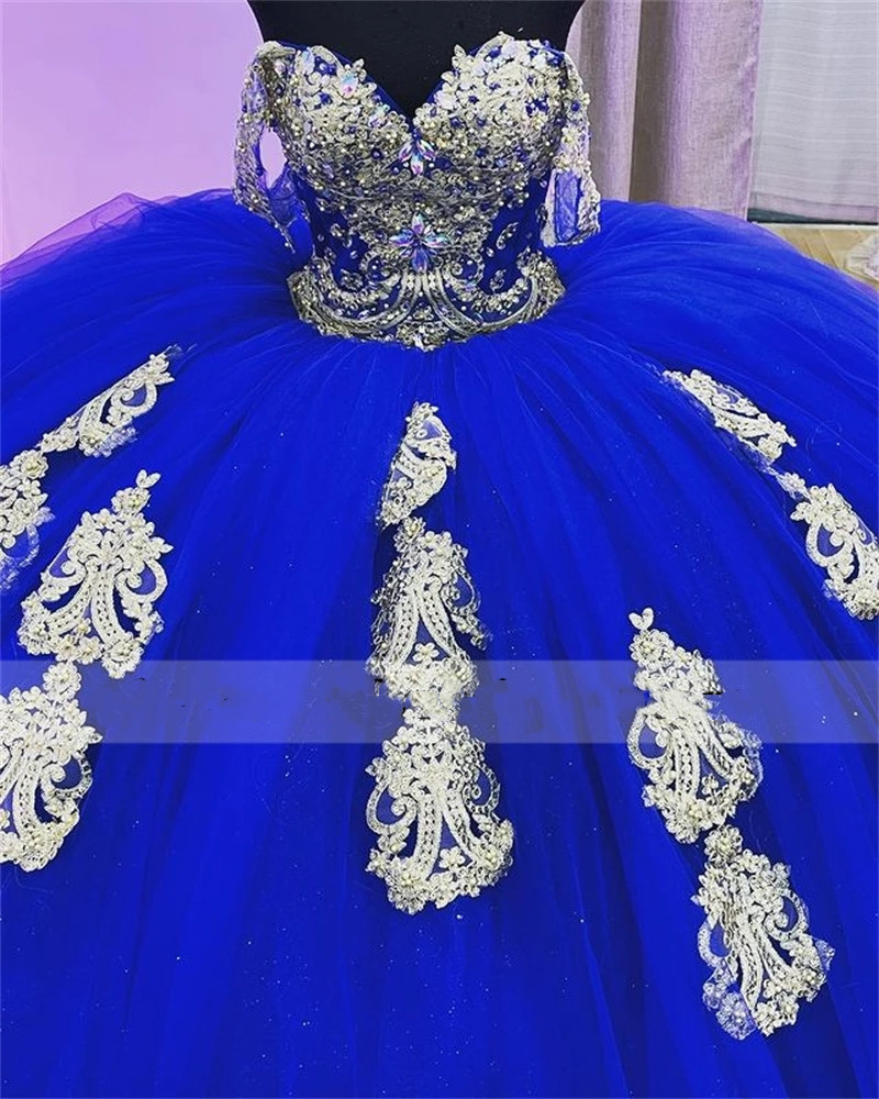 Royal Blue Off Shoulder Quinceanera Dresses Beads Crystal Appliques Princess Sweet 16 Dress Graduation Gowns Vestidos De 15 Anos