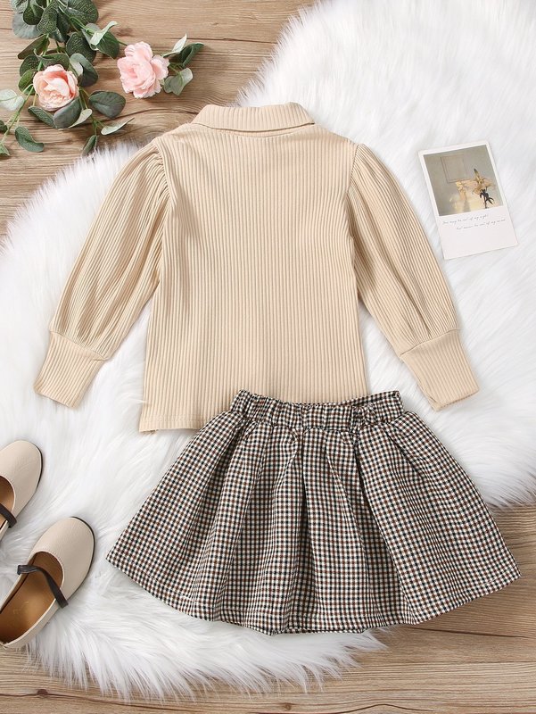 Toddler Girls Turtleneck Lantern Sleeve Sweatshirt & Plaid Print Buckle Skirt SHE