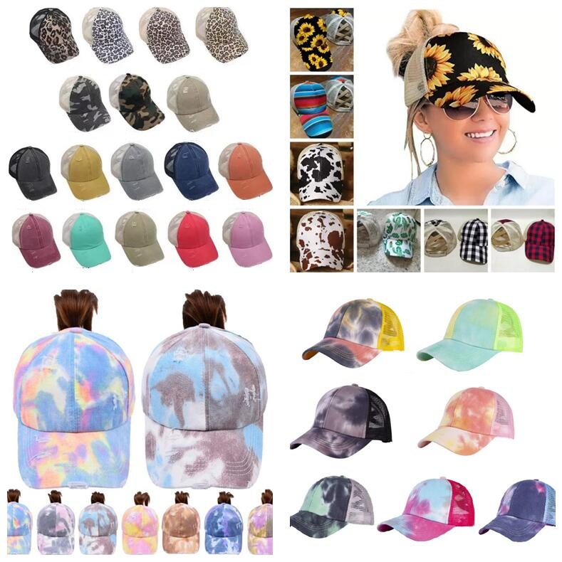 

50 Styles Ponytail Baseball Cap Criss Cross Messy Bun Hats Sunflower Washed Cotton Snapback Caps Casual Summer Tie-dye Outdoor Hat For Women Men, As picture
