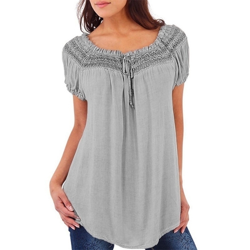 2019 HOT Women's Fashion Blouses Plus Size Loose Vneck Lace Patchwork Short Sleeve Blouse Tops Tees 7 Colors Lady Shirts T200321