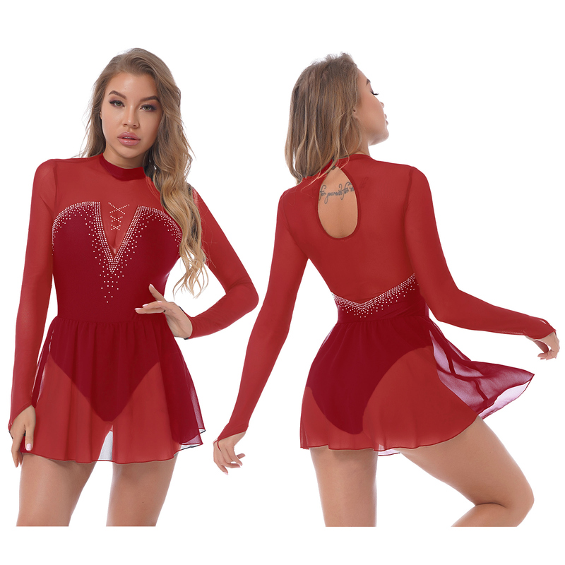 Women Long Sleeves Gymnastics Skirted Leotard Shiny Ballet Dancewear Figure Skating Dress Stage Performance Costume 220812