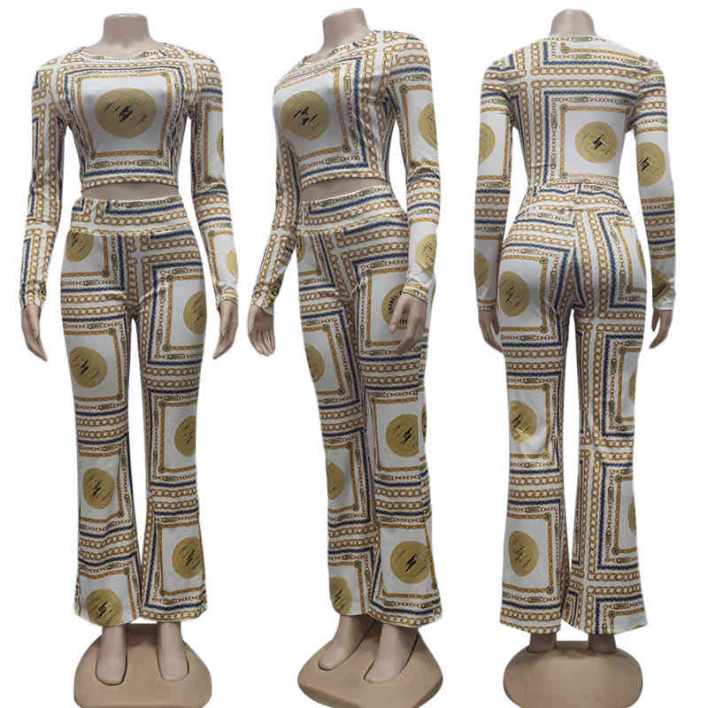 J2618 Womens Fashion Luxury Set Short Top Casual Designer Printed Trousers Two Piece Set