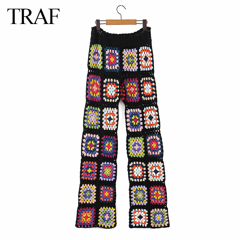 TRAF Woman Clothes Pants Handmade Crochet Sexy Hollow Out Black Square Motif 4 Season Women Special Women's 220325