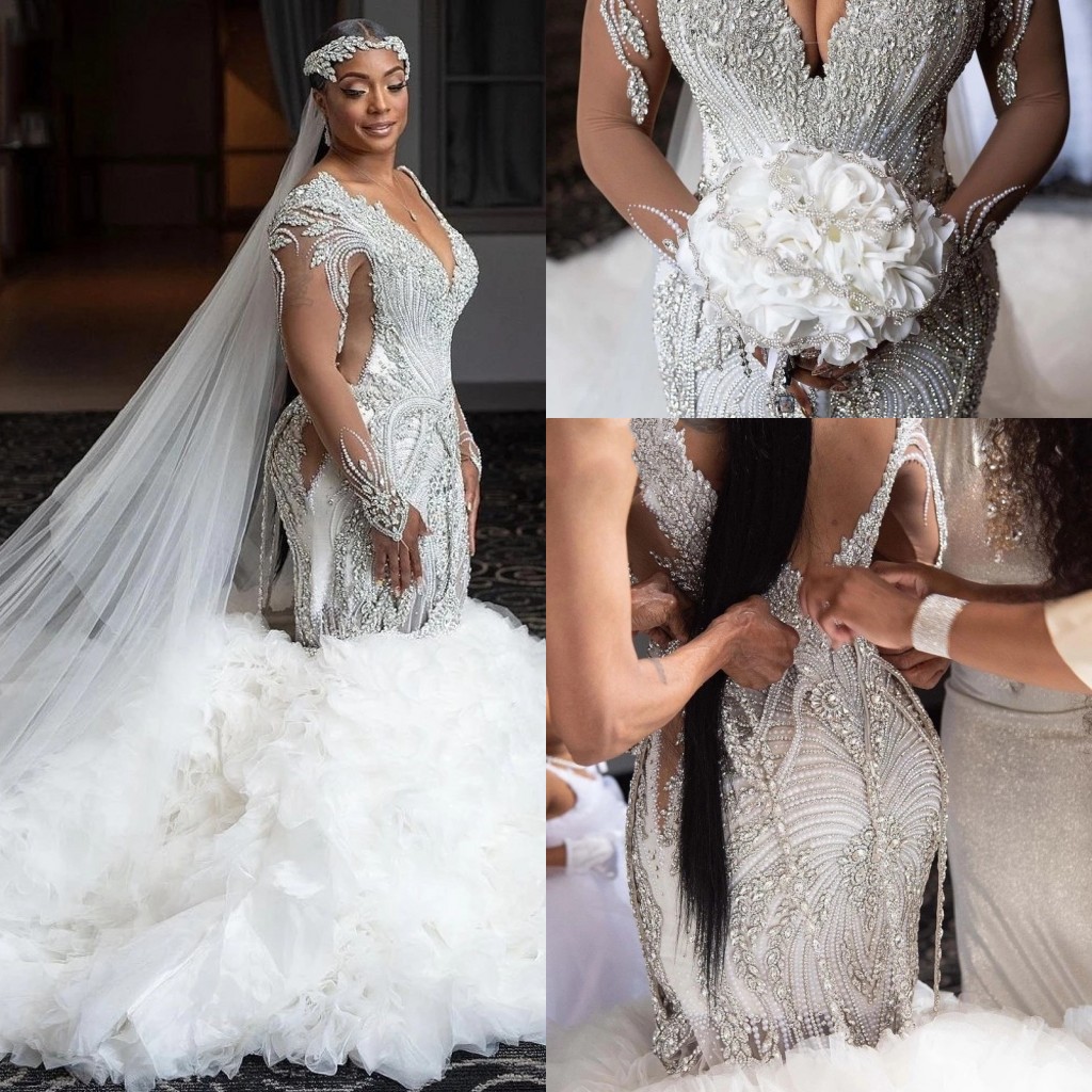 Amzing Crystal Princess Wedding Dresses 2022 Illusion Long Sleeve Beaded Plus Size Arabic Aso Ebi Royal Mermaid Bridal Gown Plus Size