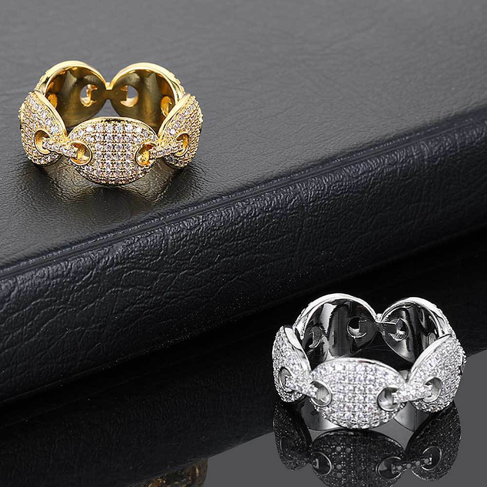Hip Hop Handcuffs Shape Rings Jewelry Bling Zircon Coffee Beans Finger Circle 18K Real Gold Plated