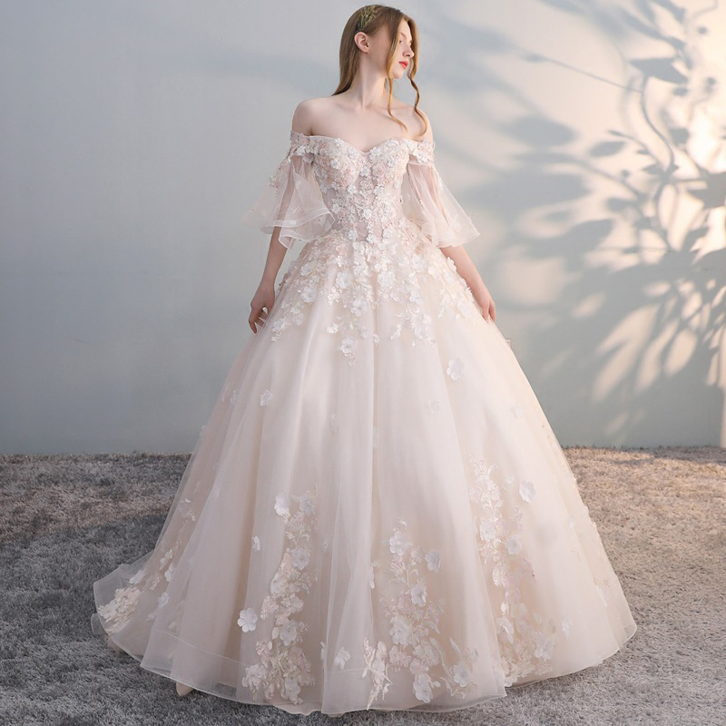 Princess Boho Florals Wedding Dress 2022 Puff Sleeves Beaded Flower Bohemian Lace Wedding Gowns A Line Korean Bride Bengalas Country vestidos de novia