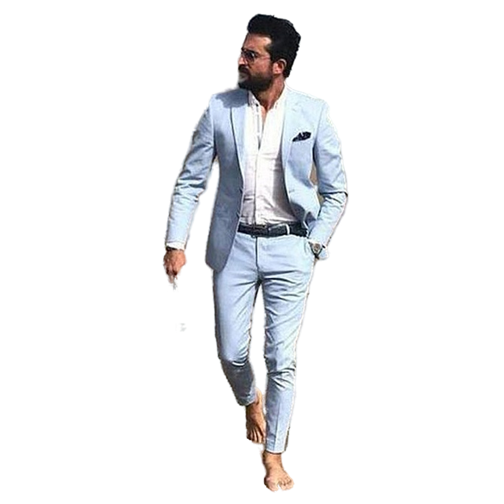 Light Sky Blue Men Suits Summer Beach Wedding Party Tuxedos 2 Piece Slim Fit Groom Wear Dinner Prom Blazer Jacket Pant Sets