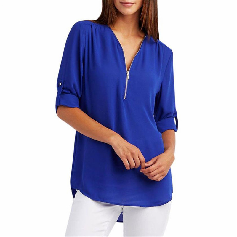 Solid Color Women chiffon Tshirt V neck Zipper irregular Loose Casual T shirts Spring Summer Oversizd Sexy Tops Tee 220714