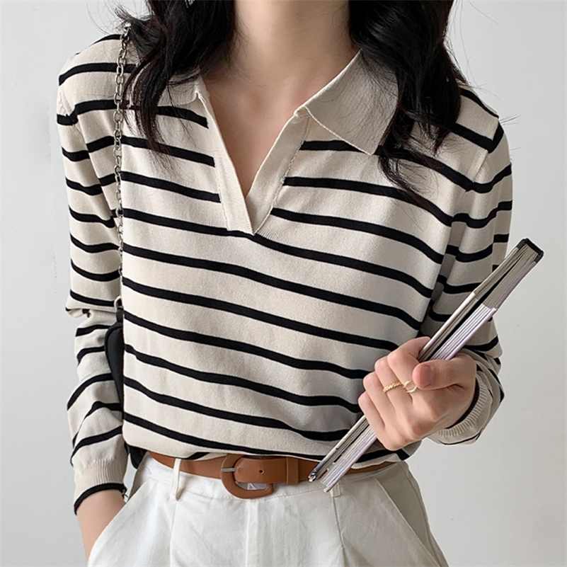 Autumn Stripe Women Tshirt Apricot Polo Collar Long Sleeve Top Casual All-match Korea Fashion Tee Shirt Femme 220321