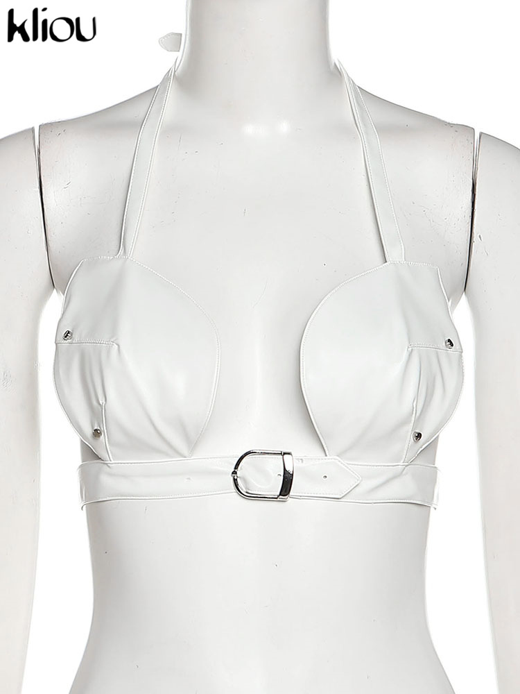 Kliou Halter PU Leather Top Women Sexy Solid Low Neck Sleeveless Backless Hipster Cleavage Vest Midnight Style Female Clubwear 220325