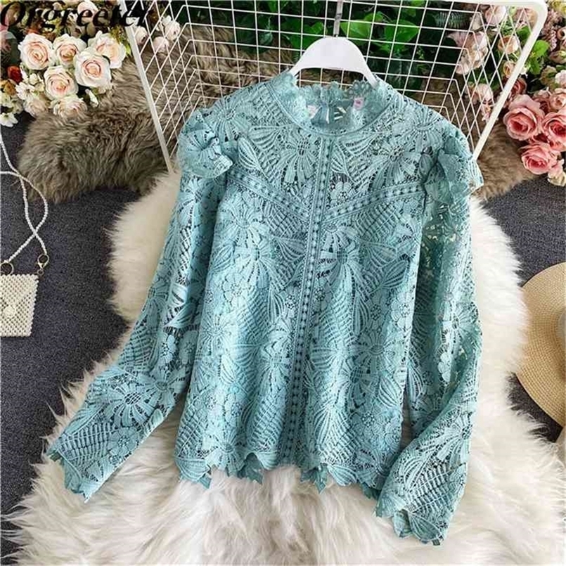 Retro Elegant Stand collar Hook Flower High quality Water-soluble Lace Shirt Fashion Sexy Perspective Long Sleeve Women's Tops 210602, Blue
Retro Elegant Stand collar Hook Flower High quality Water-soluble Lace Shirt Fashion Sexy Perspective Long Sleeve Women's Tops 210602, Blue