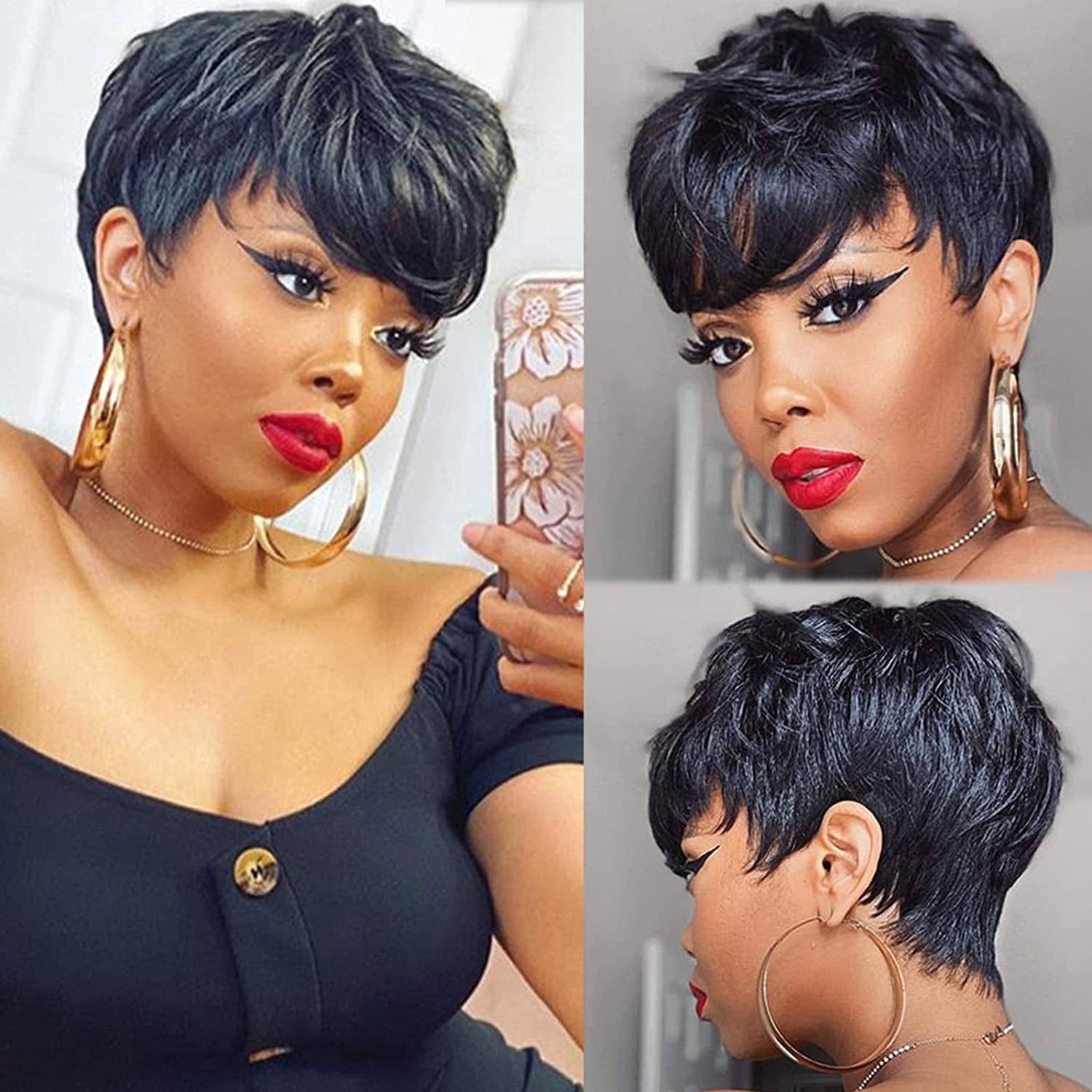 Burgundy Red Short Bob Straight Human Hair Wigs With Bangs Brazilian Virgin Pixie Cut Wig For Black Women