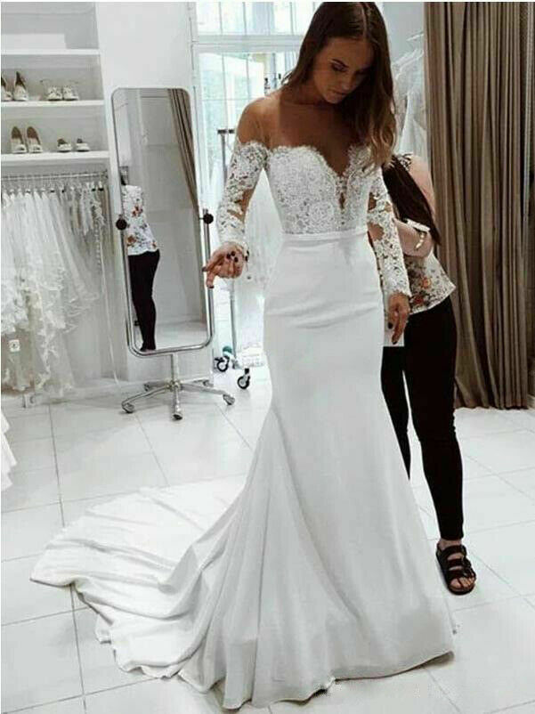 Sexy Sheer Bateau Neck Mermaid Wedding Dresses Off The Shoulder Long Sleeves Bridal Gowns Simple Lace Satin Beach Bride Dress Ivory Country Robe De Ma