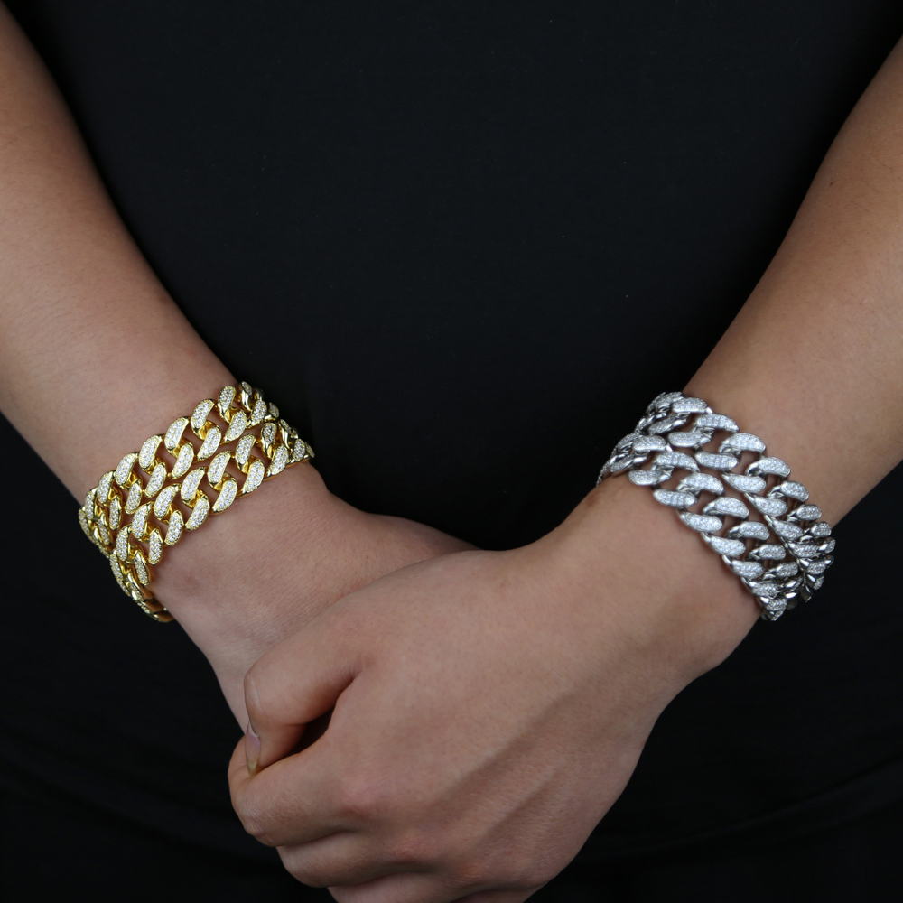 Iced Out Cuban Chain Bracelet, 16MM, Micro Pave CZ, Gold/Sier, Hip Hop Jewelry