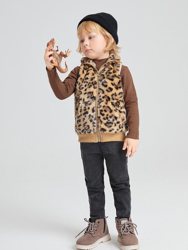 Toddler Boys Leopard Pattern Teddy Vest Jacket SHE