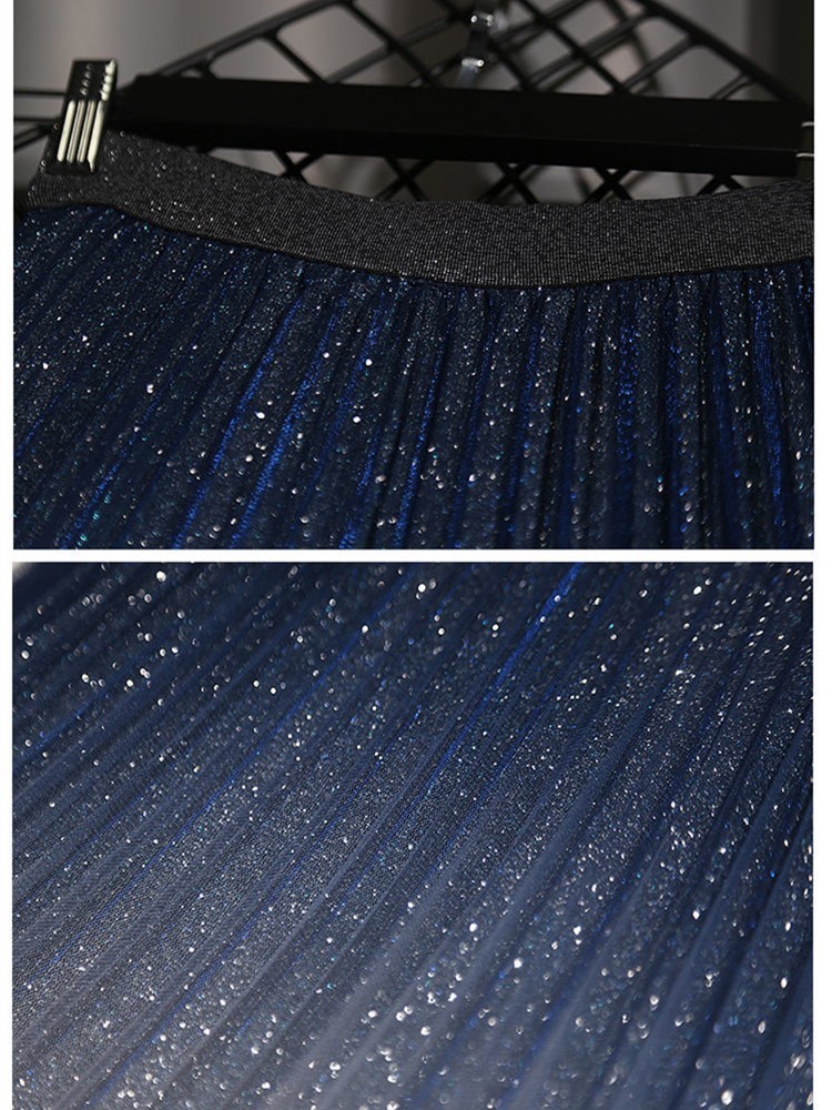 High Waist Mesh Long Skirt Women's Spring And Summer Sequin Gradient Color Pleated Midi Tulle s Female Sweet Fairy 220317