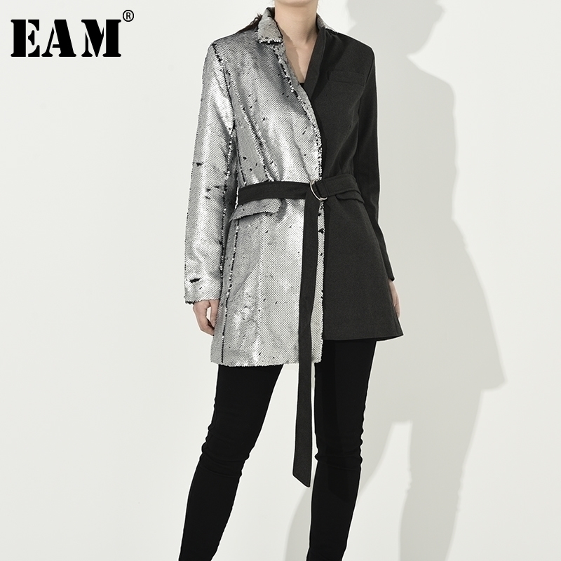 EAM Loose Fit Sequins Split Joint Bandage Jacket Lapel Long Sleeve Women Coat Fashion Spring Autumn JI99410 201029, Silver gray
EAM Loose Fit Sequins Split Joint Bandage Jacket Lapel Long Sleeve Women Coat Fashion Spring Autumn JI99410 201029, Silver gray