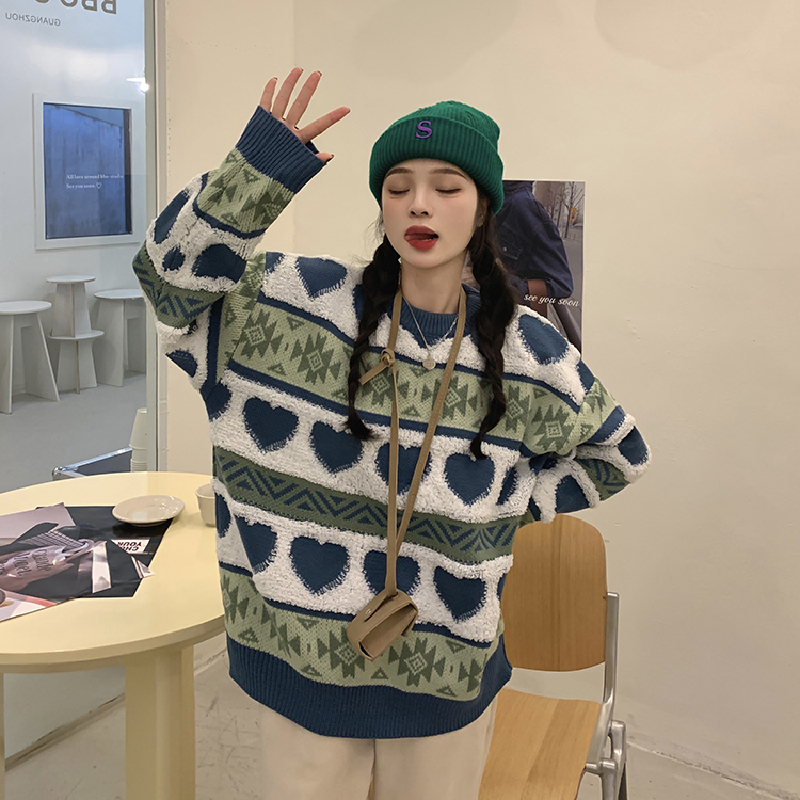 Vintage Leisure Womens Clothing Sweater Lazy Wind Purple Crew Neck Pullover Winter Long Sleeves HeartShaped Knitting Tops W220817