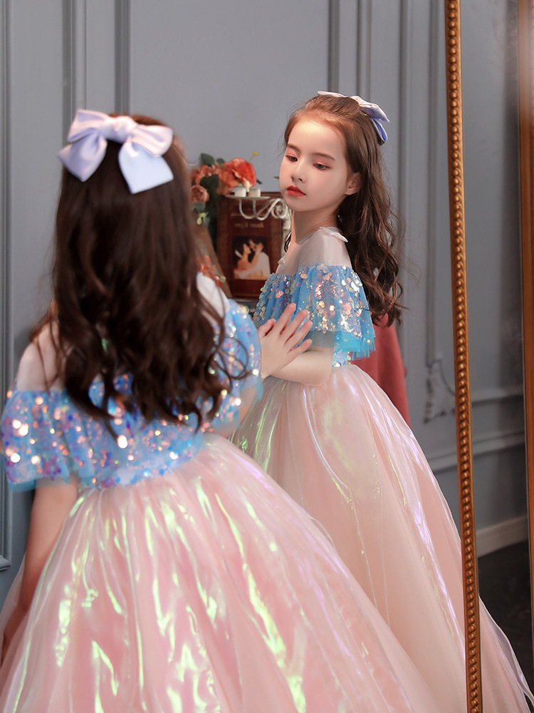 2023 New Princess Flower Girl Dresses For Weddings Jewel Neck Lace Applique sequined ball gown Girls Pageant Birthday Prom Gowns