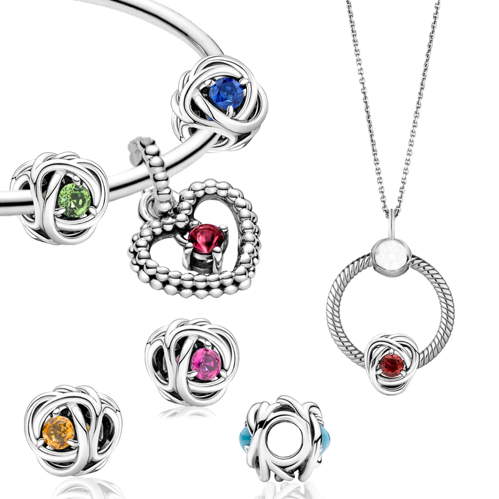 S925 Sterling Silver Dangle Charm Twee month Birthstone Heart Eternity Beads Bead Fit Charms Bracelet DIY Jewelry Accessories