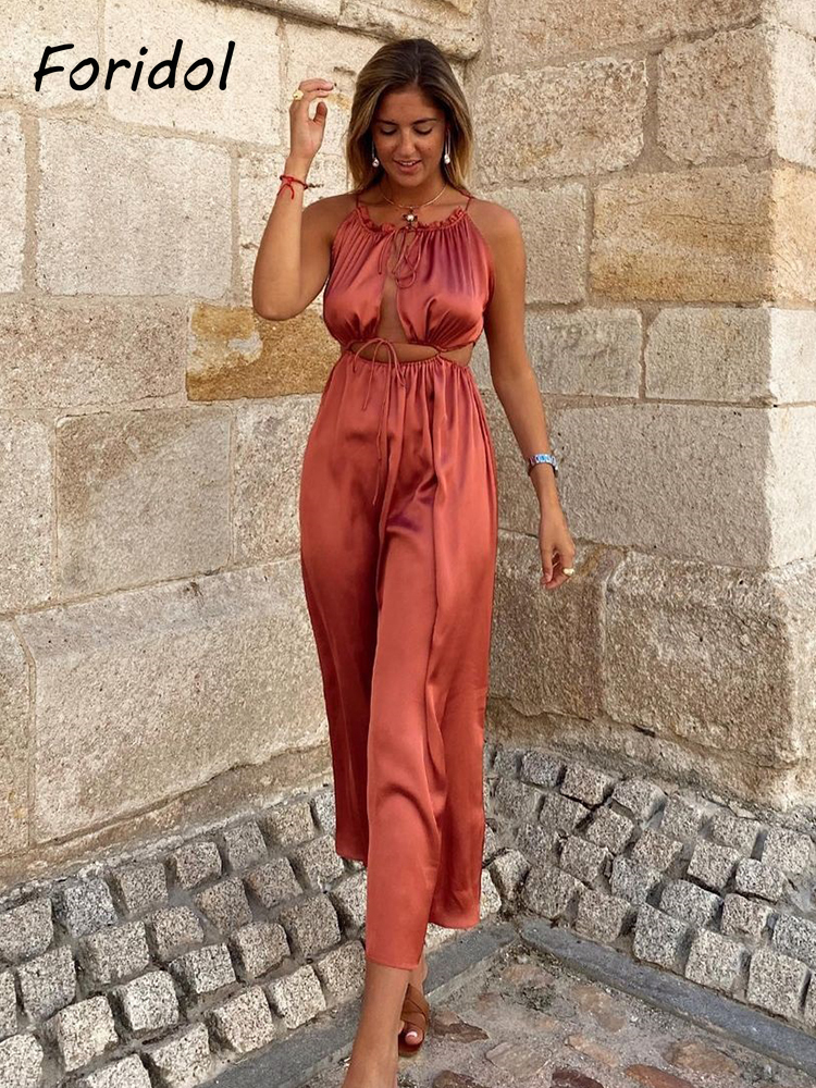Foridol Lace Up Satin Party Dress Women Maxi Long Hollow Out Sleeveless Party Midi Dress Paisley Print Autumn Christmas Dress 220511