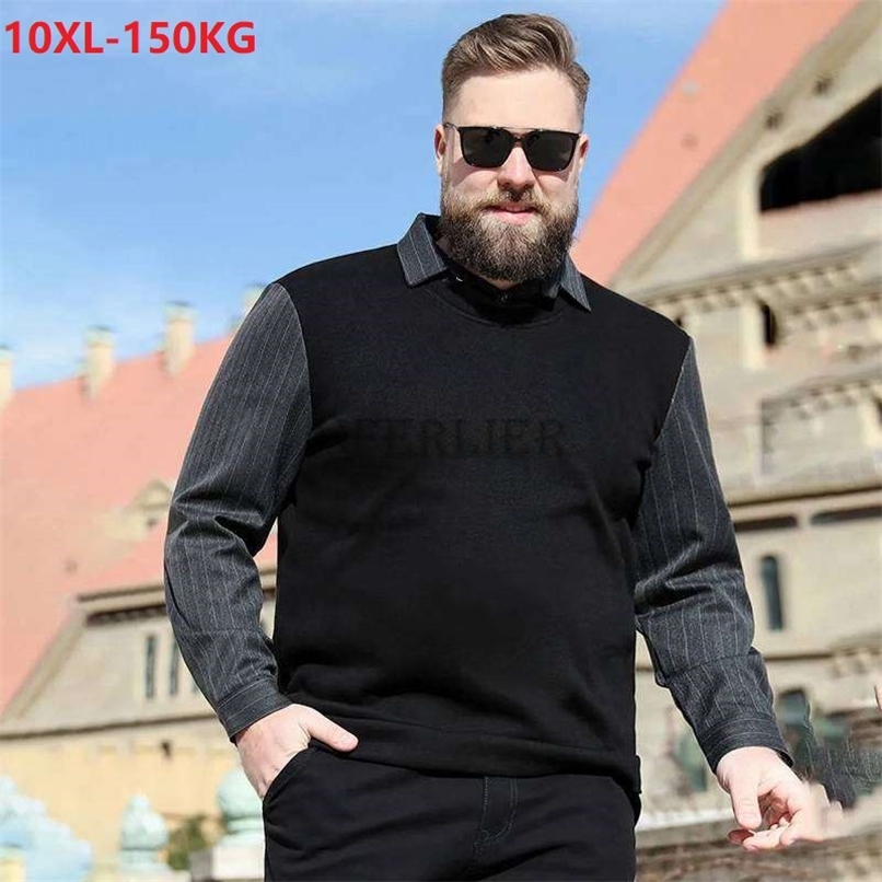 autumn spring men polo shirts striped long sleeve large size 8XL 9XL 10XL patchwork turn down collar tees loose casual tops 54 220408