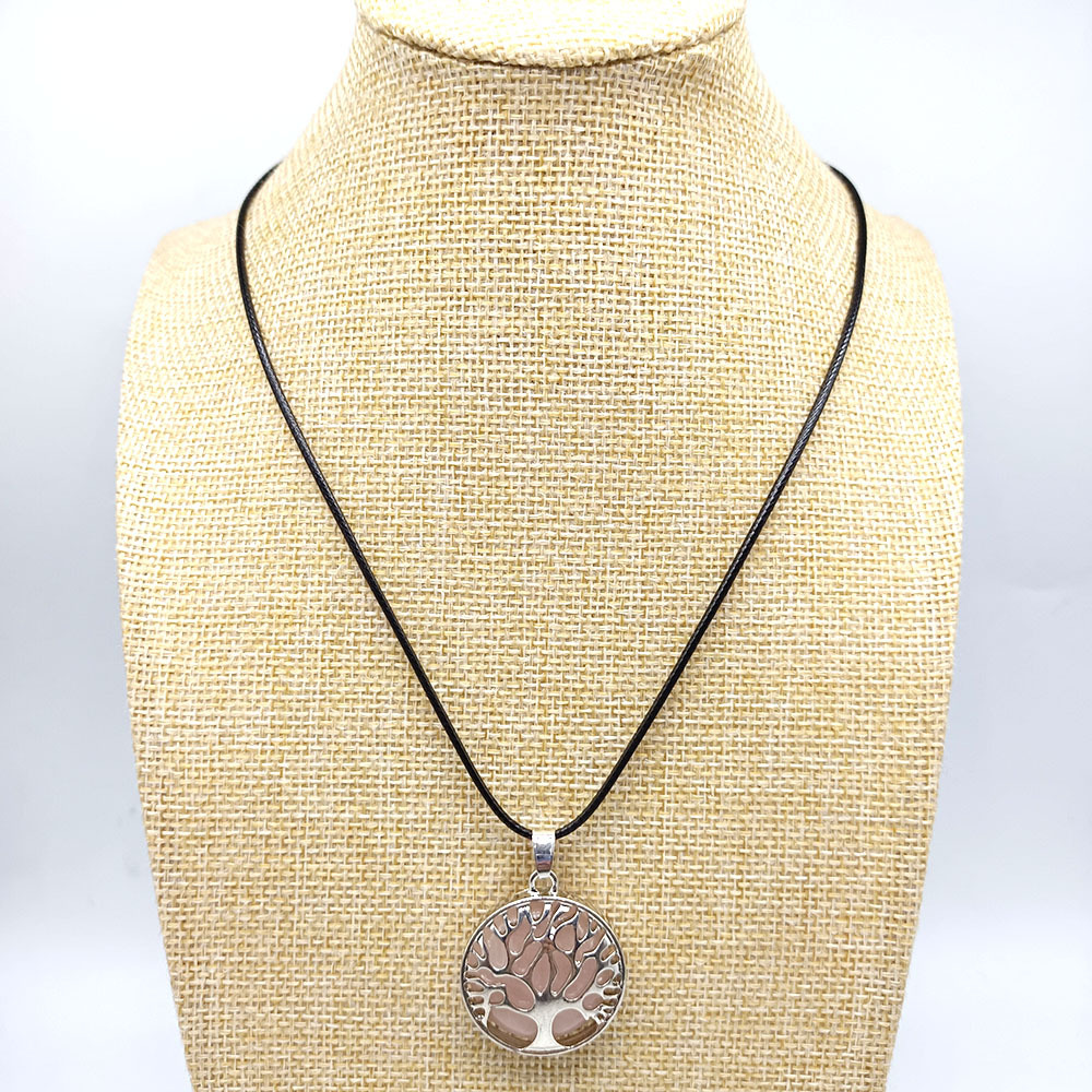 Natural Stone Tree Of Life Pendant Necklace For Women Men Black Turquoise Quartzs PU Chain Necklace Jewelry