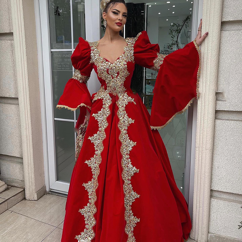 Traditional Kosovo Albanian Evening Dress Red A Line Long Sleeve Arabic Abaya Muslim Prom Dresses 2022 Beaded Gold Applique Formal Gown Robe De Soirée