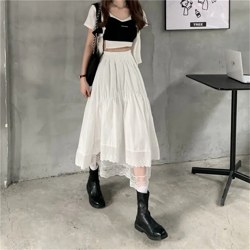 Black Gothic Lace Stitching Irregular Pleated Skirt Women White Vintage High Waist Long Korean Solid Hip Hop Streetwear 220322