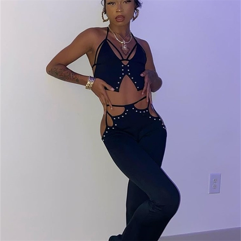 Nibber Fashion Solid Color Sexy TwoPiece VNeck Sleeveless Suspenders Hollow StraightLeg Pants For Women Go Out Street Wear 220602