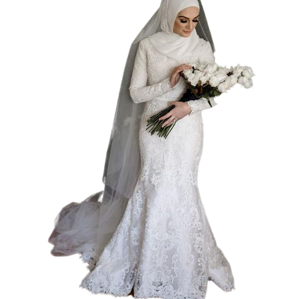2022 Elegant Muslim Lace Mermaid Wedding Dress With Hijab Veil Long Sleeves High Neck Ivory Appliqued Bridal Gowns Gelinlik in Dubia Arabic Islamic Br
