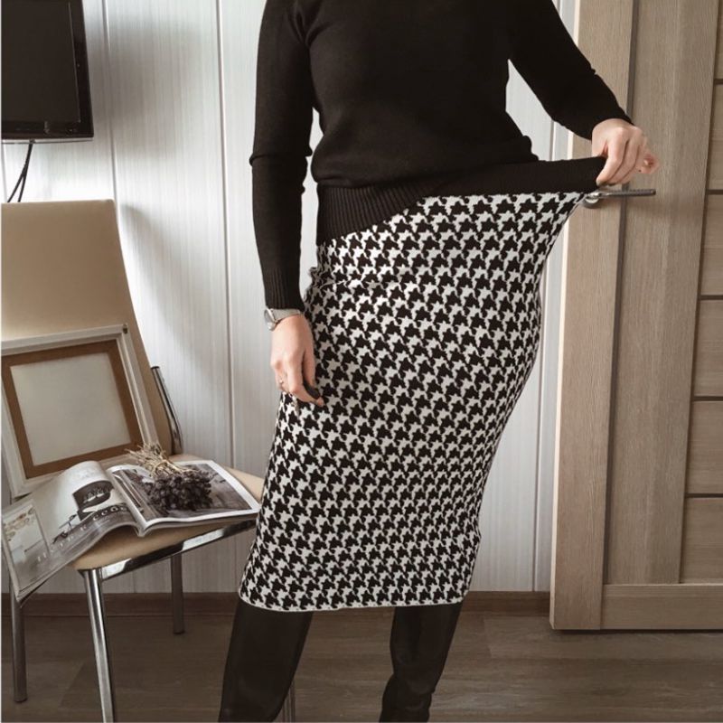 GIGOGOU Luxury Jacquard Knit Sweater Skirt Elastic Band High Waist Midi Pencil Bodycon Women Long s Jupe Femme Faldas 220317
