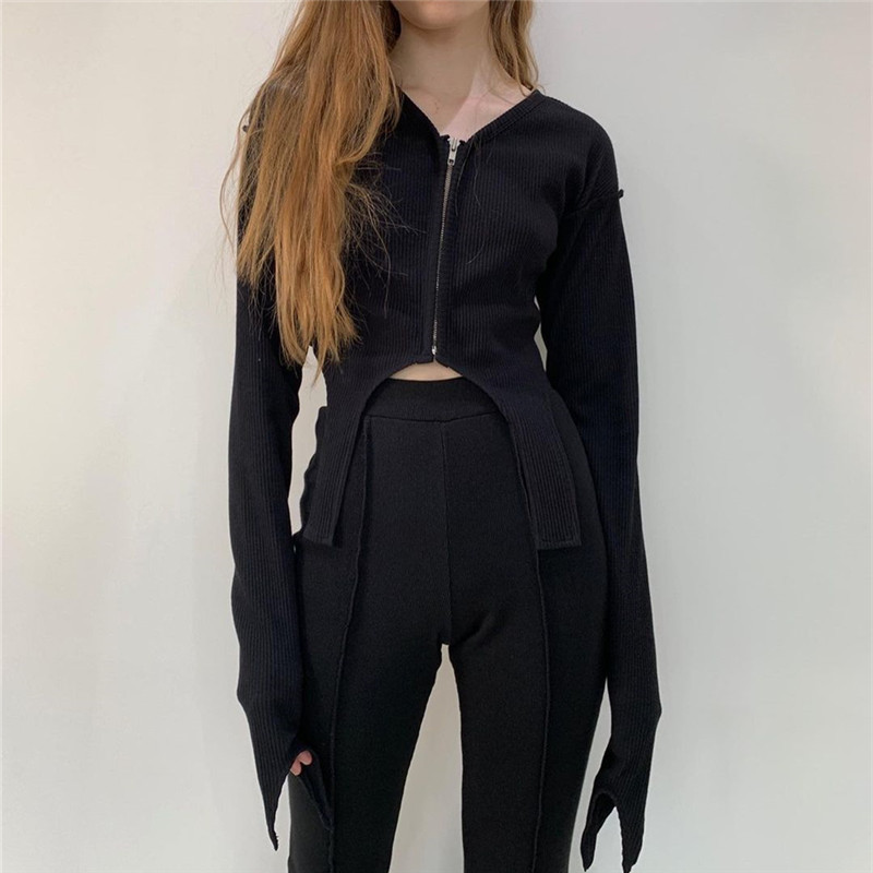 NEONBABIPINK Asymmetrical Zip Up V Neck Long Sleeve Crop Top Knitted Black Brown Cardigan Fall Clothes Sexy T Shirts N33 BI17 220714