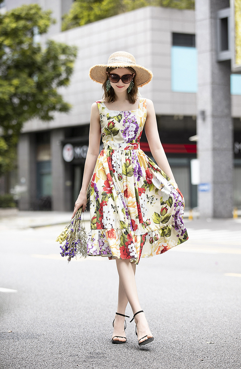 Women's Runway Dresses Spaghetti Straps Floral Printed Ruffles Fashion Summer Holiday Dress Vestidos