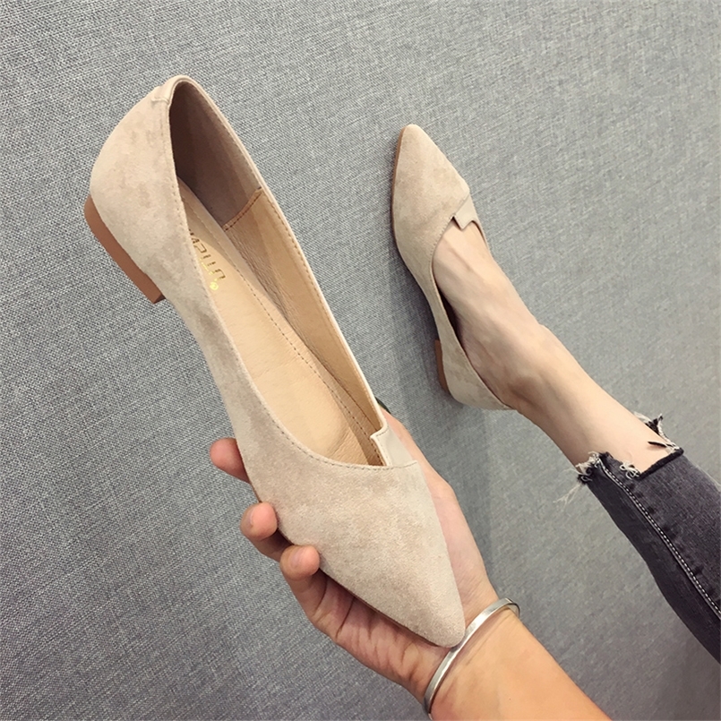 Women Flats Flock Leather Pointed Toe Solid Color Apricot Plus Small Size 31 32 33 34 Big 43 44 45 Lady Flat Heel Shoes 220509
