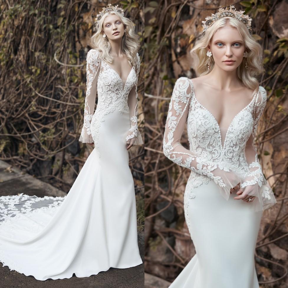 2022 Country Lace Mermaid Wedding Dresses Sexy Backless Designer Bridal Gowns Lace Appliqued Long Sleeves Deep V-neck Beach Boho Bride Dress Robe De M