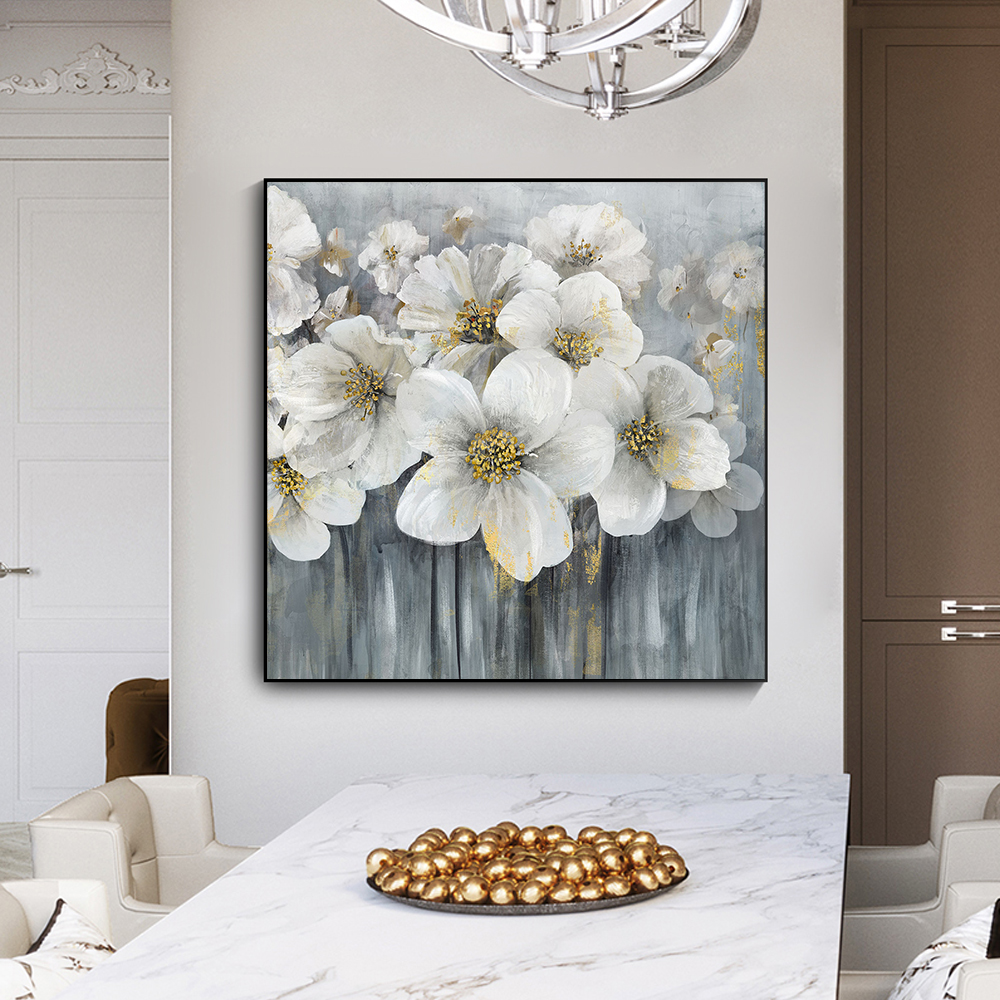 Abstract White Flower Oil Painting on Canvas Posters and Prints Wall Art Picture Gold Canvas Art Picture for Livingroom Decor