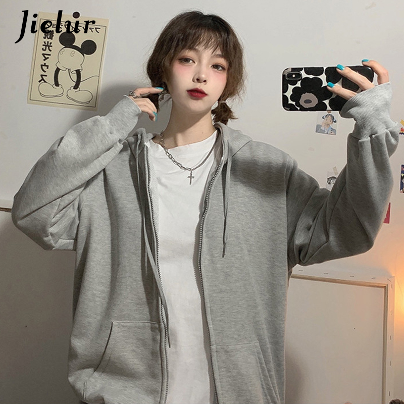 Jielur Brick Red Black Gray Hoodies Female Zip-up Tracksuit Autumn Harajuku Cool Street Fashion Women's Sweatshirt M-XXL 220817