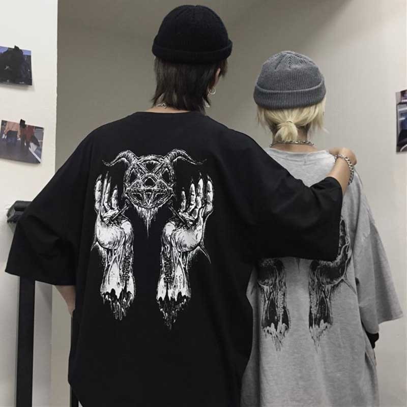 NiceMix Girls Harajuku Loose Short Sleeve Women T-shirts Devil Star Hand Print T Shirt Crew Neck Lady T-shirt Top Tees 220321
