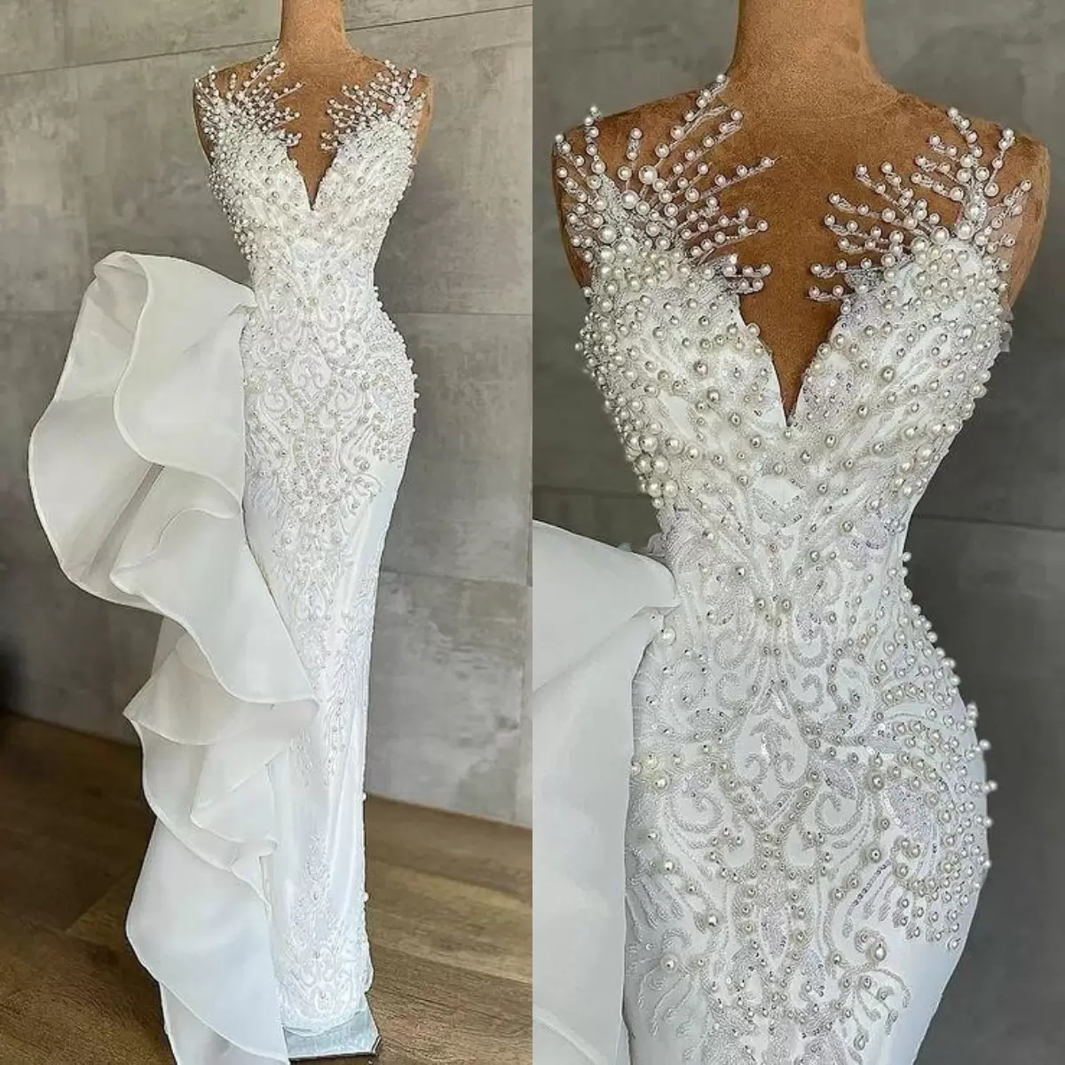 Luxurious Pearls Mermaid Wedding Dresses Beaded Crystals Lace Jewel Neck Sequined Bridal Gowns Robe de mariee, Blue
Luxurious Pearls Mermaid Wedding Dresses Beaded Crystals Lace Jewel Neck Sequined Bridal Gowns Robe de mariee, Blue